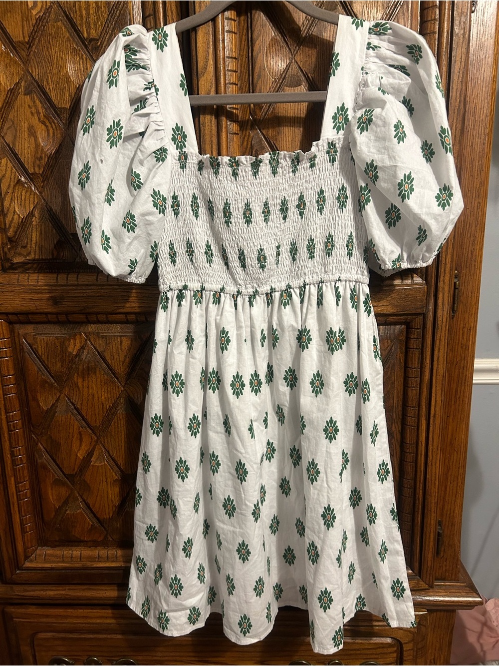 Moon River White Dress with Green Floral Print and Puff Sleeves